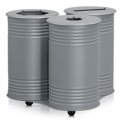 Waste Bin Tin Triple, Wheels, Grey